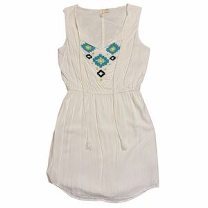 KENJI Anthropology White Sleeveless Dress with Beaded Aztec Design